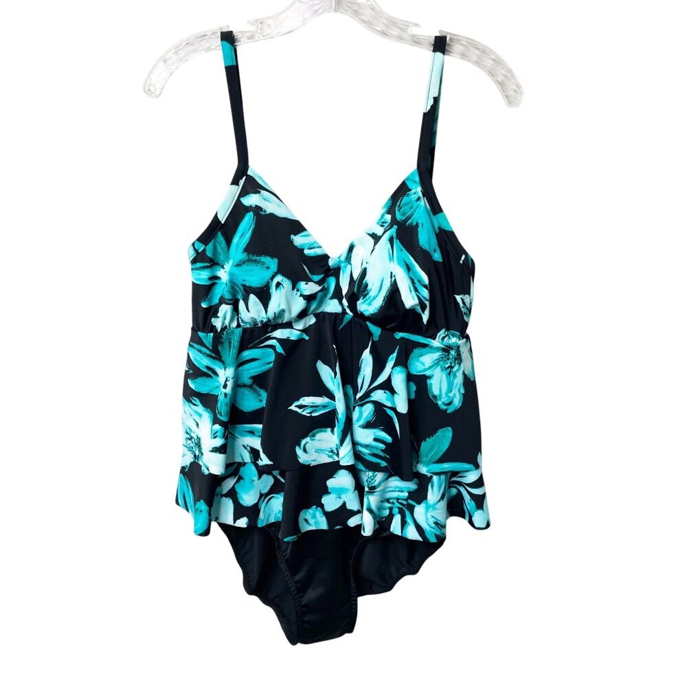 Trim Shaper Layered One Piece Swimsuit Size 10 Black Turquoise Floral Print NWOT